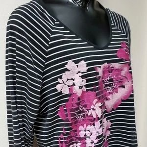JMS Long Sleeve Cute Blk/Wht Pink Floral Top 2X